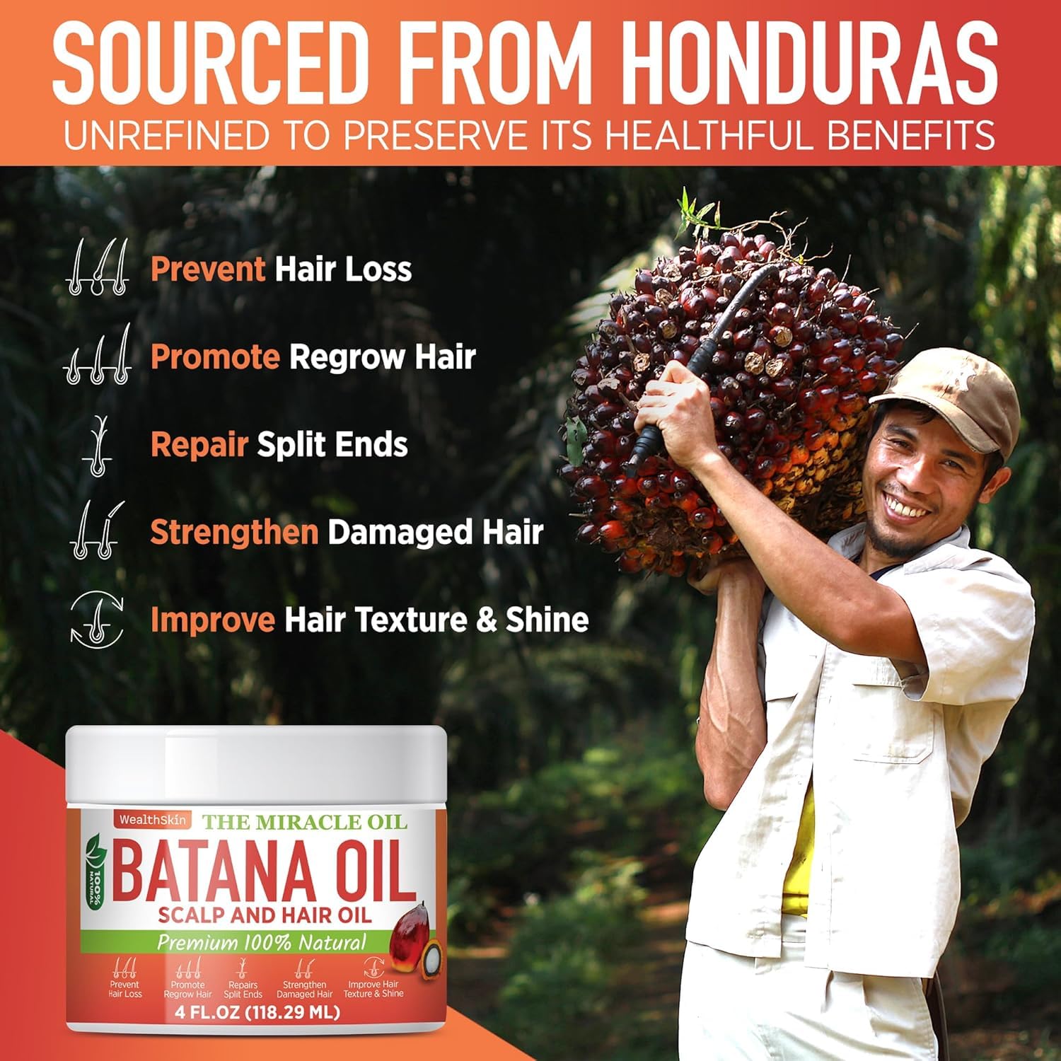 Wealthskin 100% Pure Batana Oil – Cold Pressed in Honduras | Natural Scalp & Hair Oil for Shine, Softness & Thicker-Looking Hair | Raw & Unrefined – 4 fl oz (118 ml)