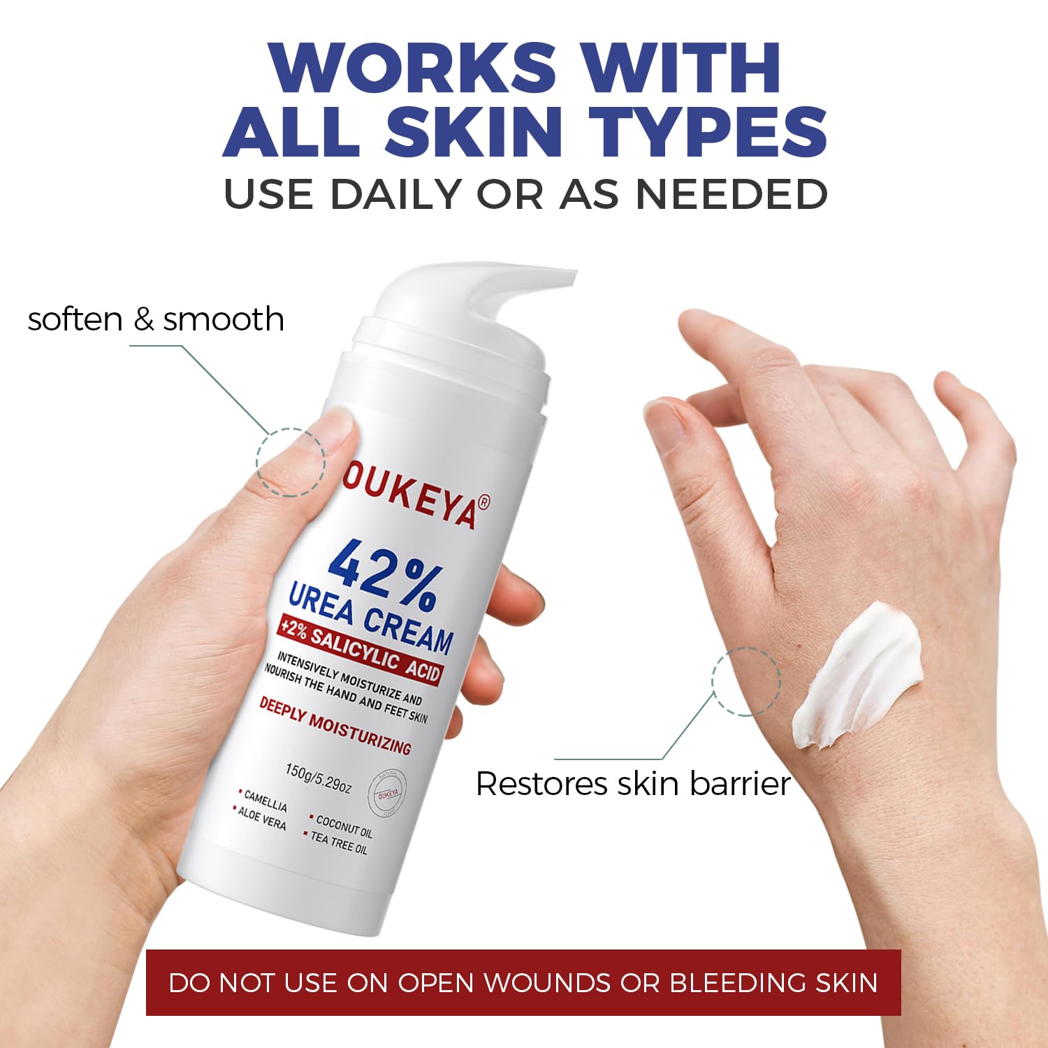 OUKEYA Urea Cream 42% plus Salicylic Acid 2% Intensive Repair Treatment for Cracked Skin on Hands, Heels, Elbows, and Lips - Relief for Dry Feet - Enhanced Pump Dispenser Packaging - Gross wt 8.03 OZ