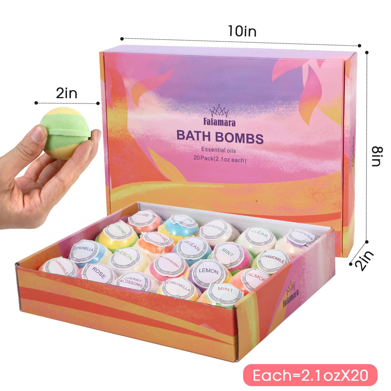 Fafamara Bath Bombs, Foaming Gift Set 20 Organic & Natural Handcrafted Essential Oils Relaxation and Stress Relief Fizzy Balls Ideal Birthday Gift for Her/Him, Women, Wife, Girlfriend, Mother