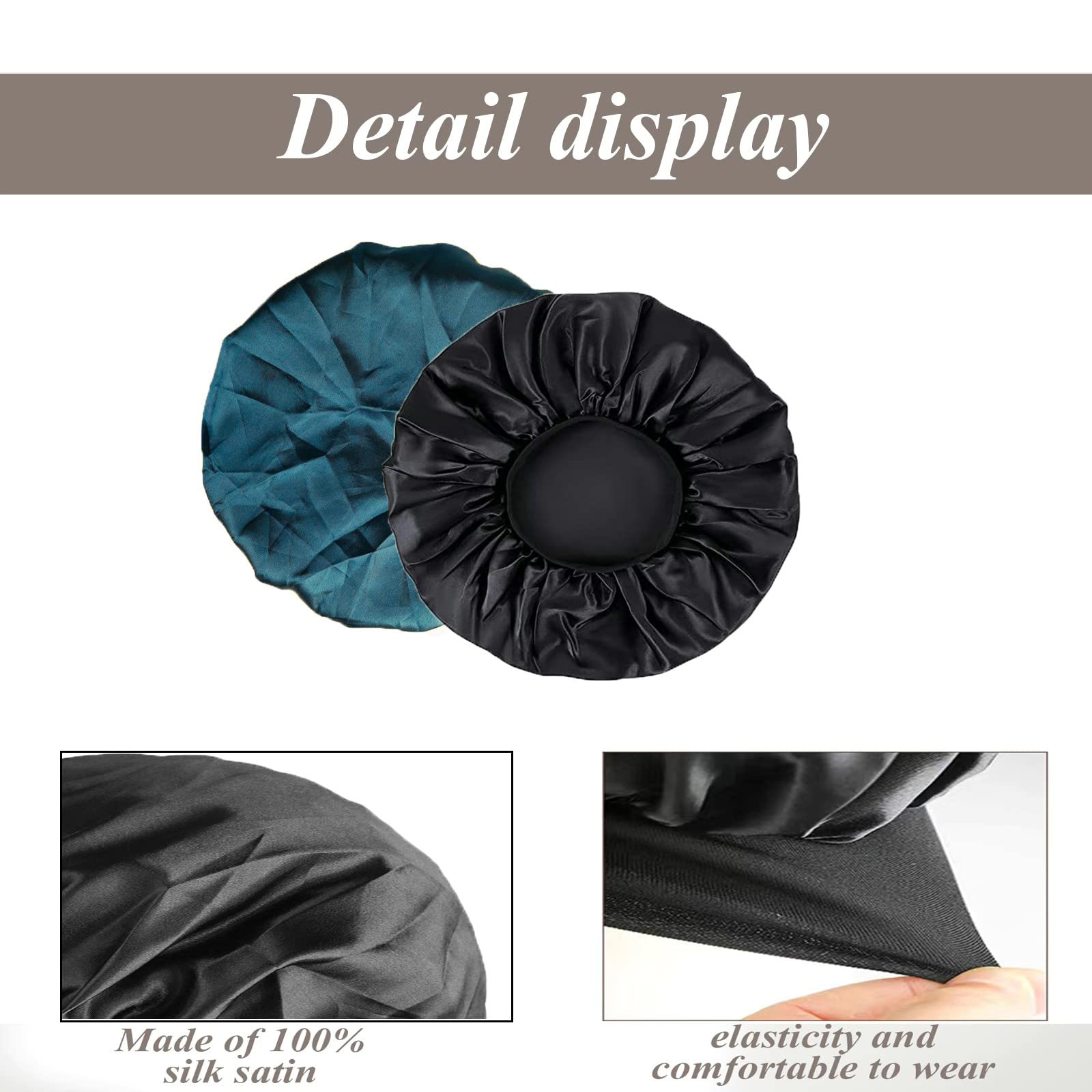 SWEET VIEW Silk Bonnet, Silk Hair Wrap for Sleeping, Soft and Comfortable Silk Sleep Cap, Black, Peacock Blue