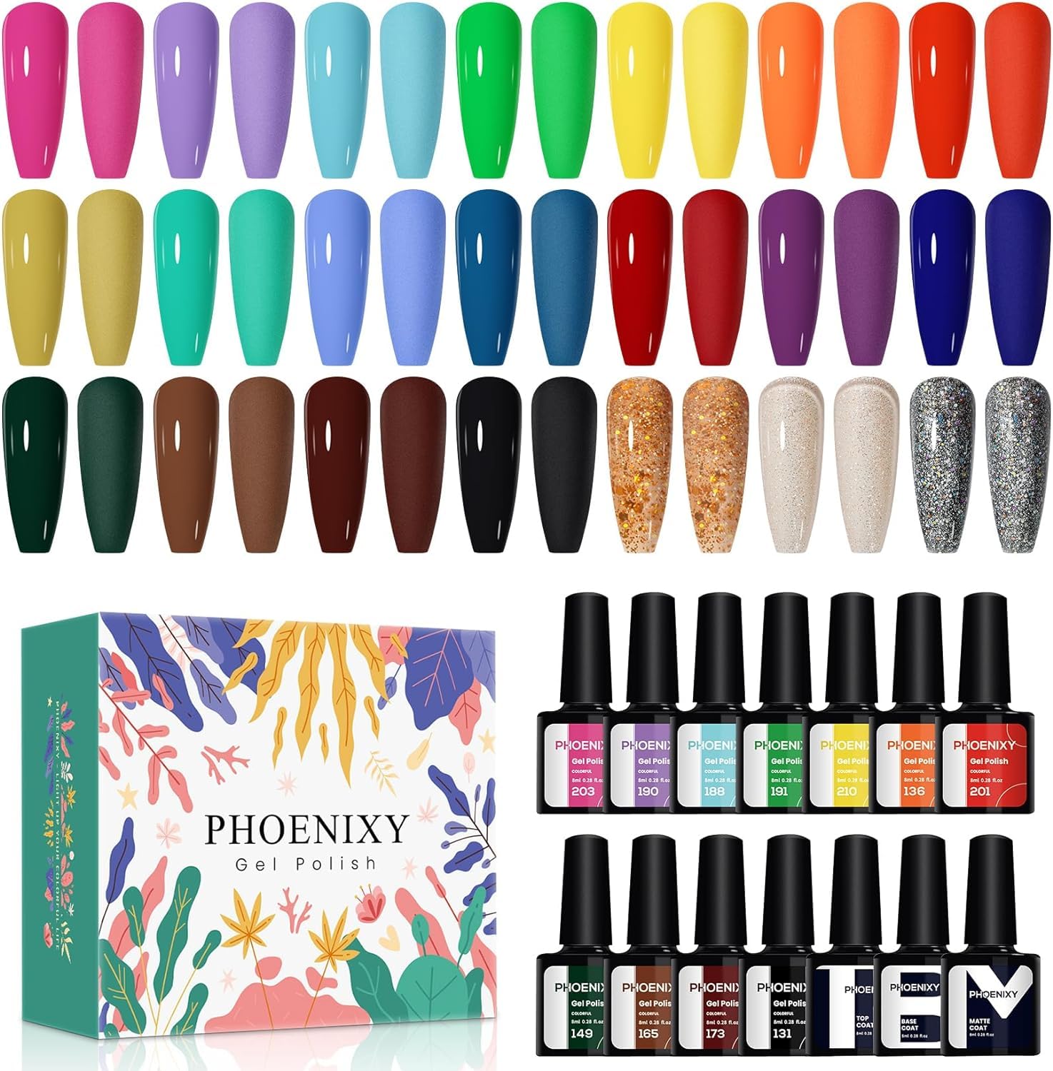 Phoenixy Gel Nail Polish Set - 24pcs 8ml UV Soak-off Gel Polish Multicolour Nails Varnish Set Base and Top Coat Nail Art Gift Kit for Women