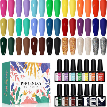 Phoenixy Gel Nail Polish Set - 24pcs 8ml UV Soak-off Gel Polish Multicolour Nails Varnish Set Base and Top Coat Nail Art Gift Kit for Women