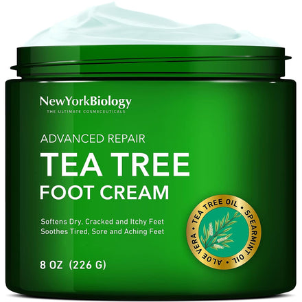 New York Biology Tea Tree Oil Foot Cream for Dry Cracked Feet, Athletes Foot, Nail Fungus, Jock Itch, Ringworm, Cracked Heels and Itchy Skin – Pain Relieving Foot Cream - 226 g