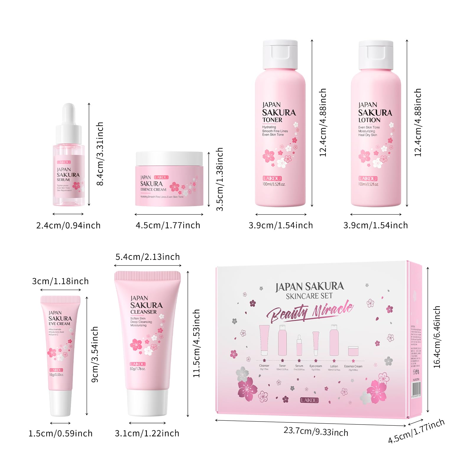 LAIKOU Skincare Set, JAPAN Sakura Skin Care Sets & Kits - Cleanser, Toner, Lotion, Serum, Eye Cream, Face Cream, Travel Gift Sets for Women Teenage Girls Mom Daughter, TSA-friendly Sizes 6pcs