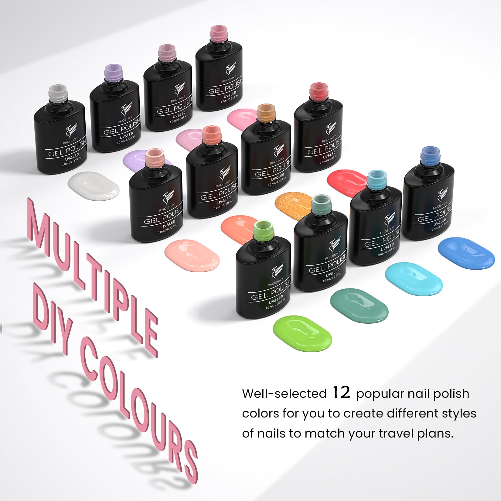 PHOENIXY Gel Nail Polish Set, 12 Colors Gel Nail Polish Set with 36W Lamp Starter Kit, Pink Nude U V Gel Nail Polish Kit with Glossy Matte Top Coat Gel Nail Kit Gifts for Women