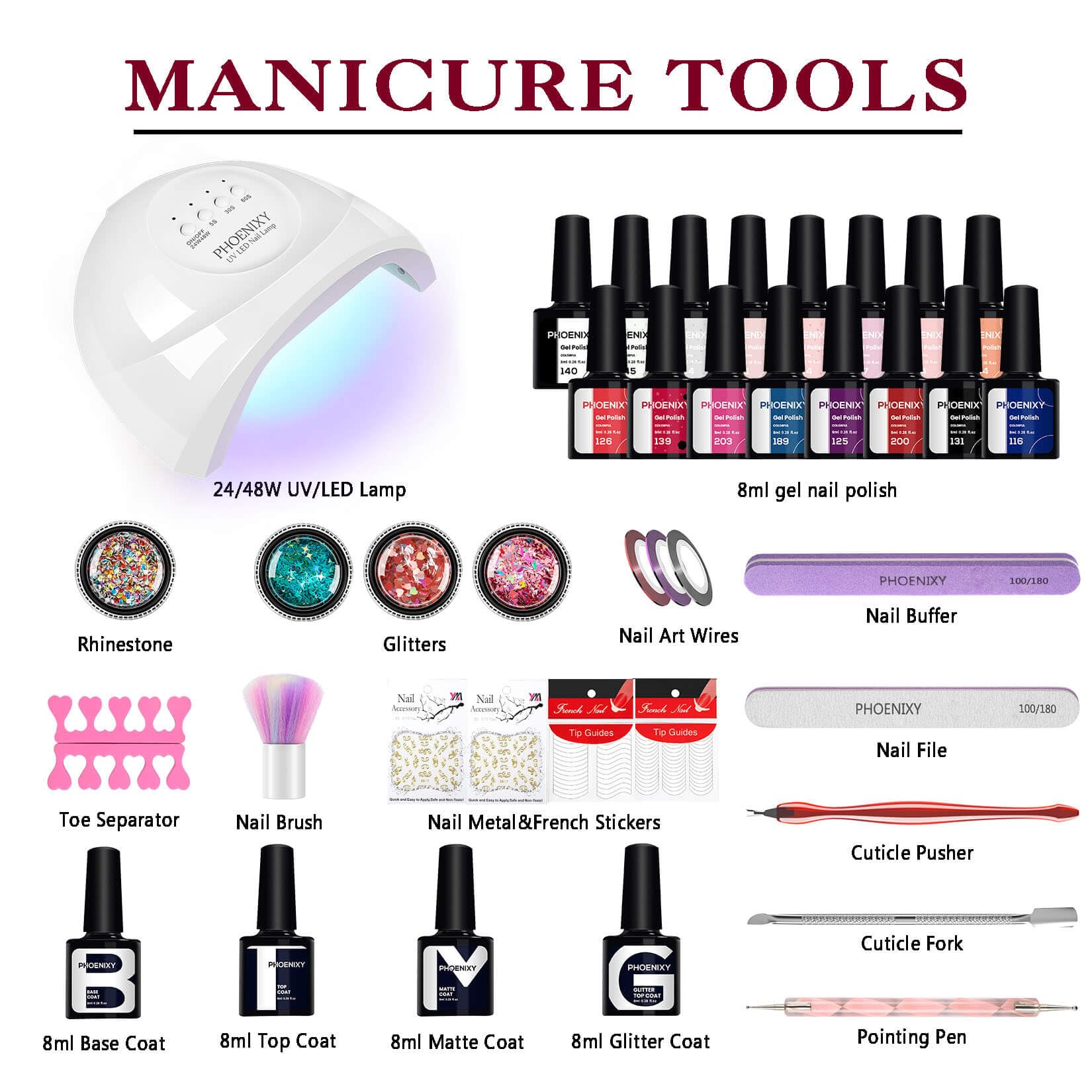 Phoenixy Gel Nail Kit, 48 Effects Gel Nail Polish Set with 48W Manicure Lamp Starter Kit Complete 8ml 16 Colours Nail Polishes Professional Salon Set