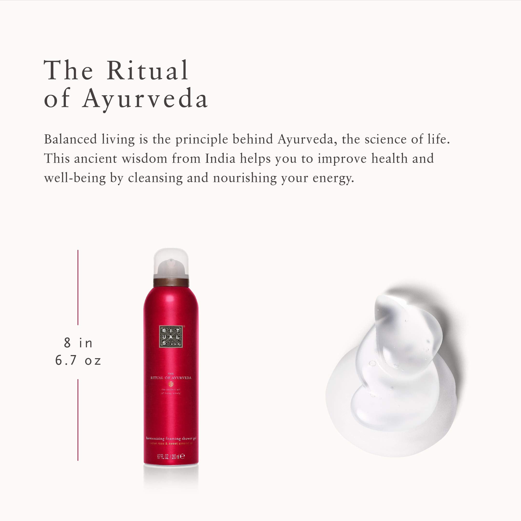 RITUALS The of Ayurveda Foaming Shower Gel - Fragrant Body Wash with Sweet Almond Oil & Indian Rose - 6.7 Fl Oz
