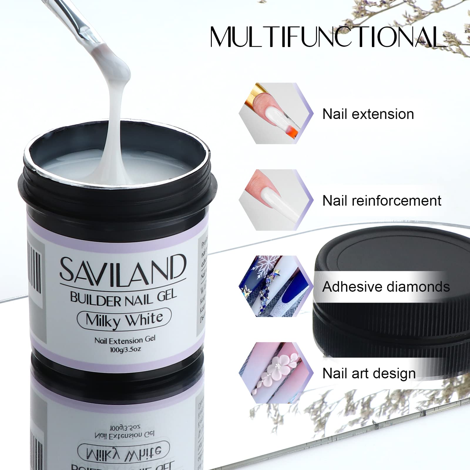 Saviland 100g Milky White Builder Nail Gel – 3.53oz Hard Gel for Nails Large Capacity Nail Strengthen Gel for Nail Extension Nail Art Manicure Starter U V Nail Gel for Professional Nail Salon Home DIY