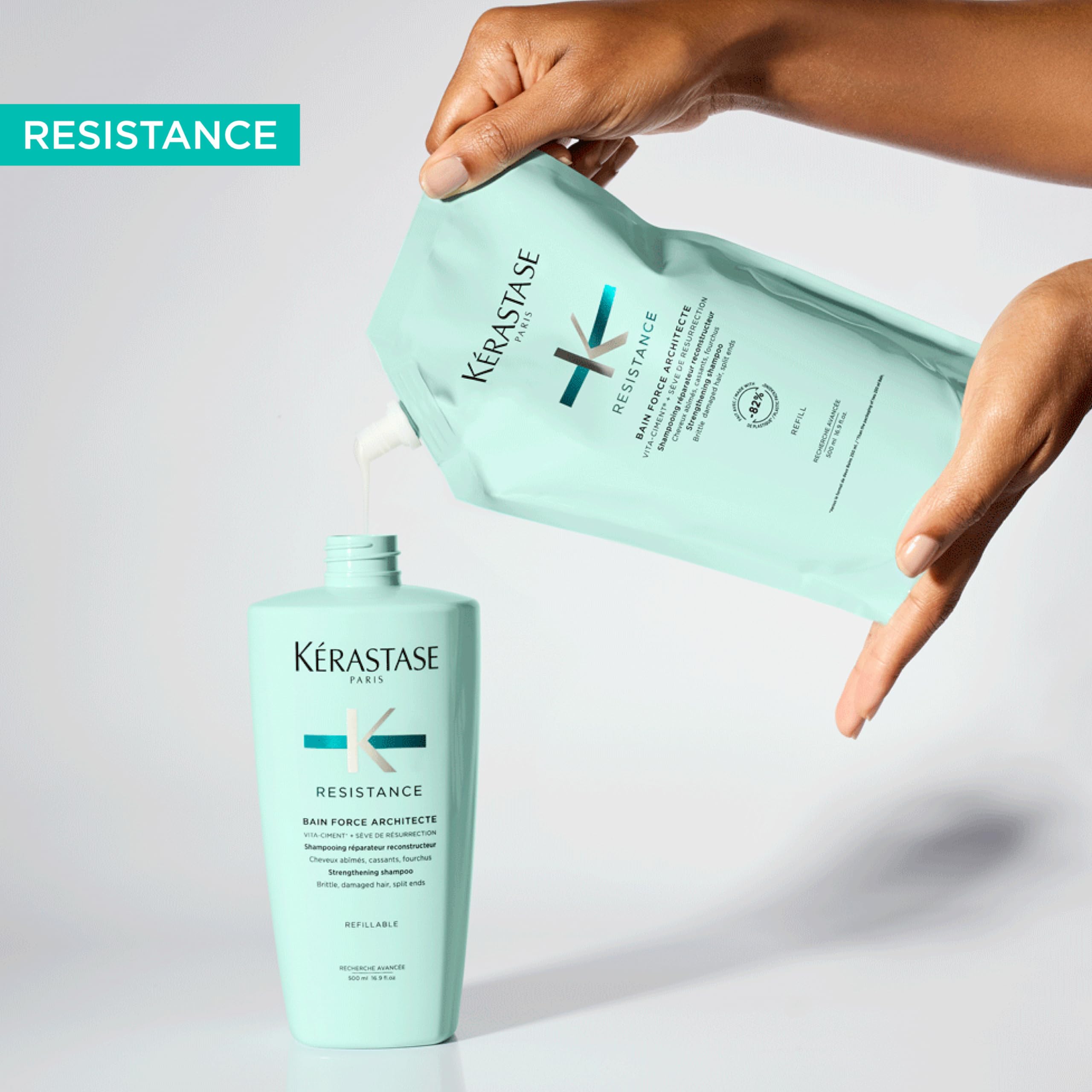 Kerastase Resistance Shampoo Force Architecte Refill Pouch - Revives Brittle Hair, Strengthens & Prevents Breakage, For Damaged Hair, 500ml