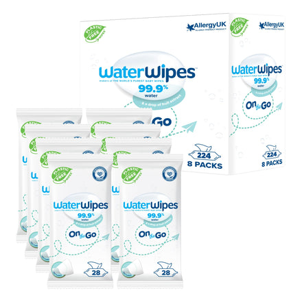 WaterWipes On The Go Wipes, 224 Count (8 Packs), 99.9% Water-Based Wipes for Travel, Sports, and to Refresh Skin, Unscented, Packaging May Vary
