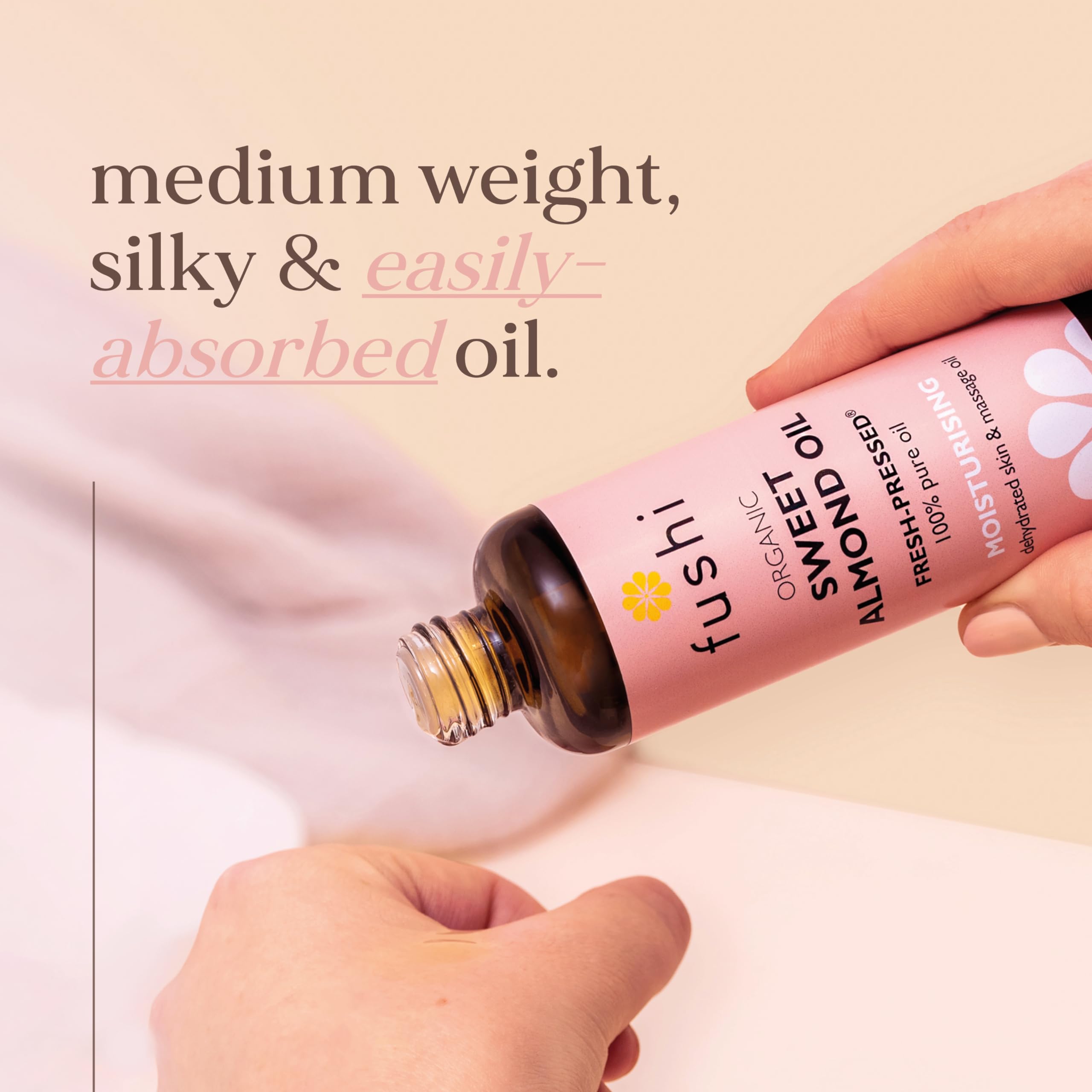 Fushi Sweet Golden Almond Organic Oil 100 ml | Fresh-Pressed | Best for Dull Skin, Dry Hands, Skin Cleansing, Sensitive Skin|Ethical & Vegan Society Approved|Manufactured in the UK
