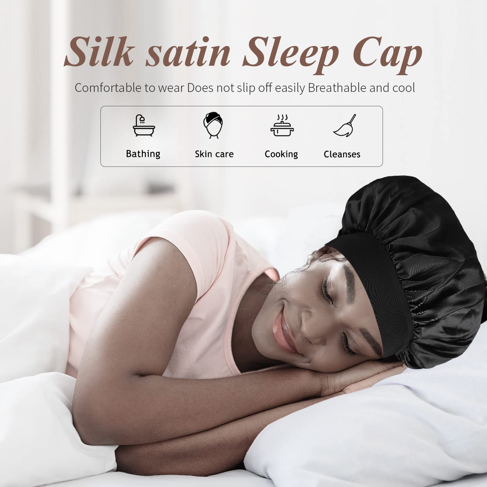 SWEET VIEW Silk Bonnet, Silk Hair Wrap for Sleeping, Soft and Comfortable Silk Sleep Cap, Black, Peacock Blue
