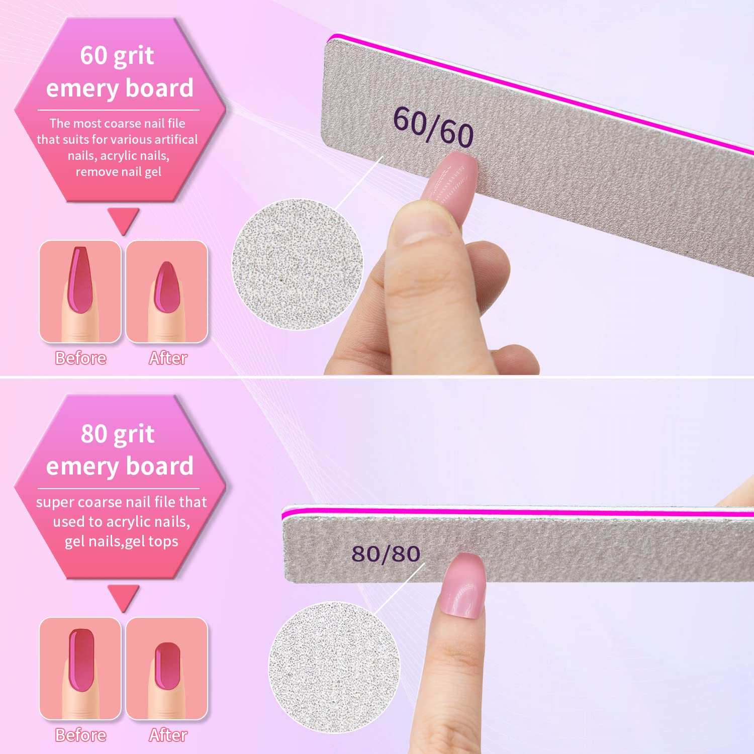 80/80 Grit Professional Nail Files - 25pcs Double Sided Coarse Square Jumbo Nail Files for Acrylic, Gel, Manicure & Pedicure - Premium for Home & Salon