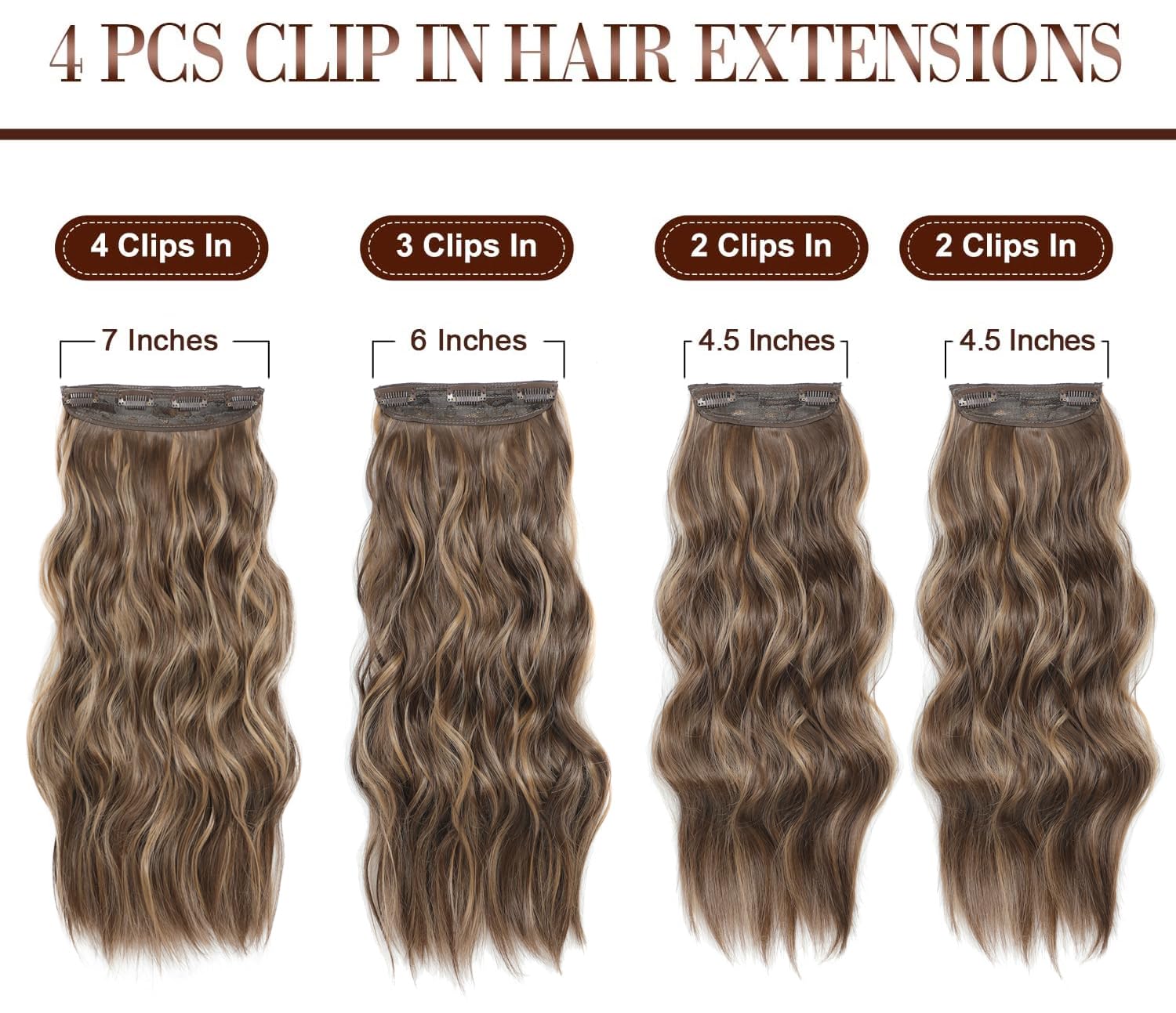 Fine Plus Hair Extensions Clip in 4PCS Light Brown Mix Honey Blonde 20Inch Hair Extension Long Wavy Full Head Clip in Hair Extensions Synthetic Fiber Hair Pieces for Women