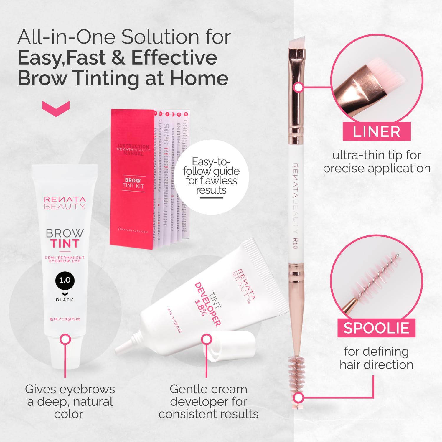 Renata Beauty Brow Tint Kit – Eyebrow Tint Set – Dye Kit with Color Tint, Cream Developer and Styling Brush – Long-Lasting Effect Up to 4 Weeks – 30 Applications [Black]