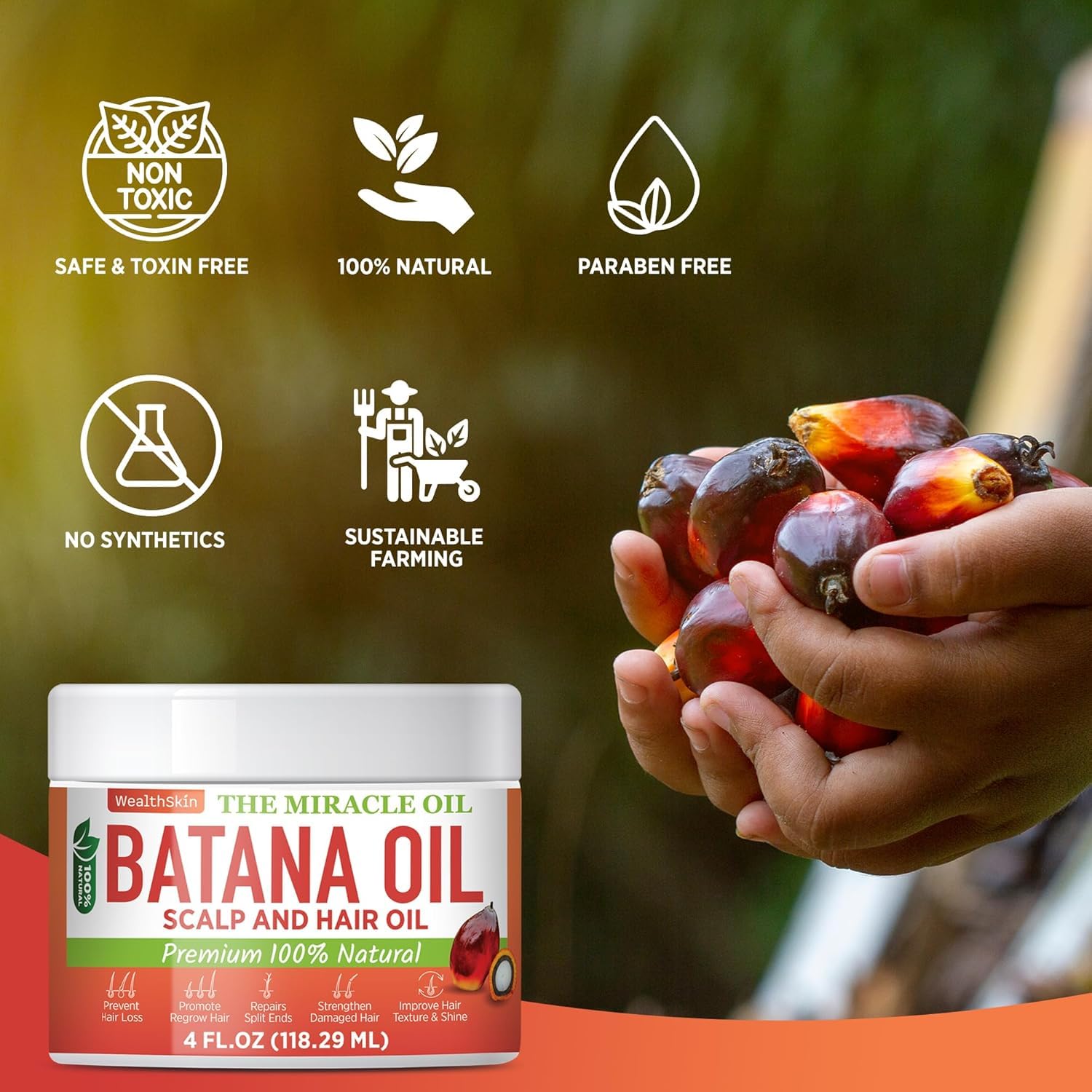 Wealthskin 100% Pure Batana Oil – Cold Pressed in Honduras | Natural Scalp & Hair Oil for Shine, Softness & Thicker-Looking Hair | Raw & Unrefined – 4 fl oz (118 ml)