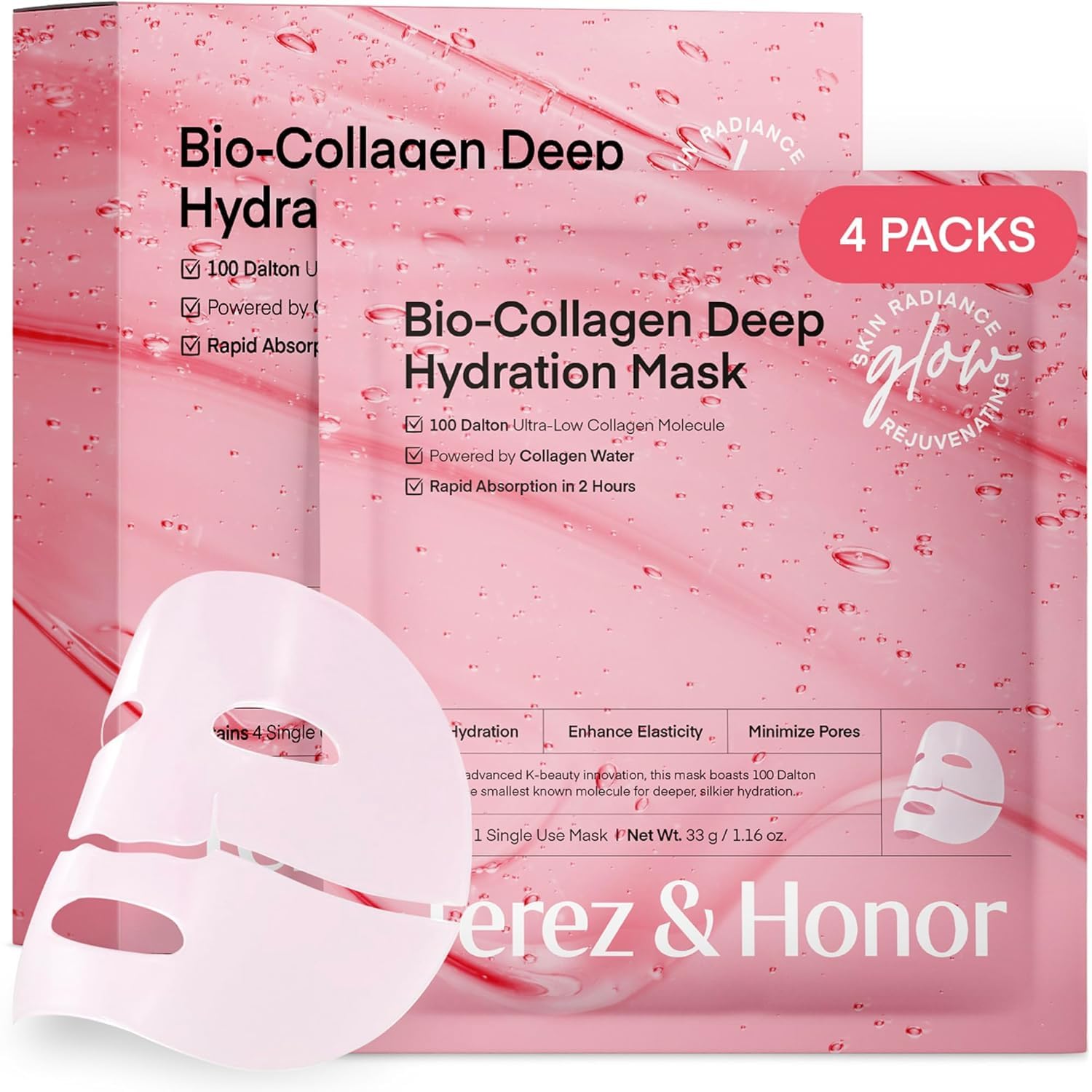 Collagen Face Mask Korean Skincare: 4ea x 33g Ultra-Low Collagen 100 Dalton Overnight Hydrogel Mask - Deep Hydration Anti-Wrinkle & Pore Minimizing - Glow like Glass Skin, [Made in Korea]