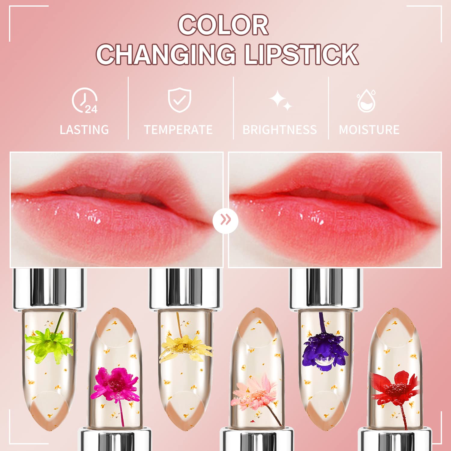 6 Packs Flower Jelly Lipstick Set Magic Temperature Color Change Lip Balm Long Lasting Moisturizer Lip Gloss Flower Jelly Lipstick Makeup Set (6PCS Set A)