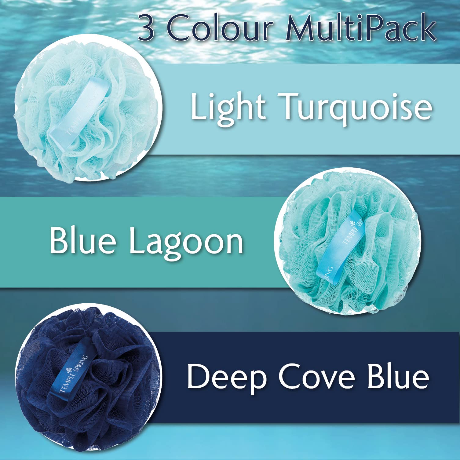 Temple Spring Loofah Shower Sponge, Recycled Body Scrubber Scrunchies, Exfoliating Bath Sponge, Shower Puff Bath Sponges for Adults, Loofah Back Scrubber Pouffe, Loofa Body Scrub Exfoliator Ocean Blue