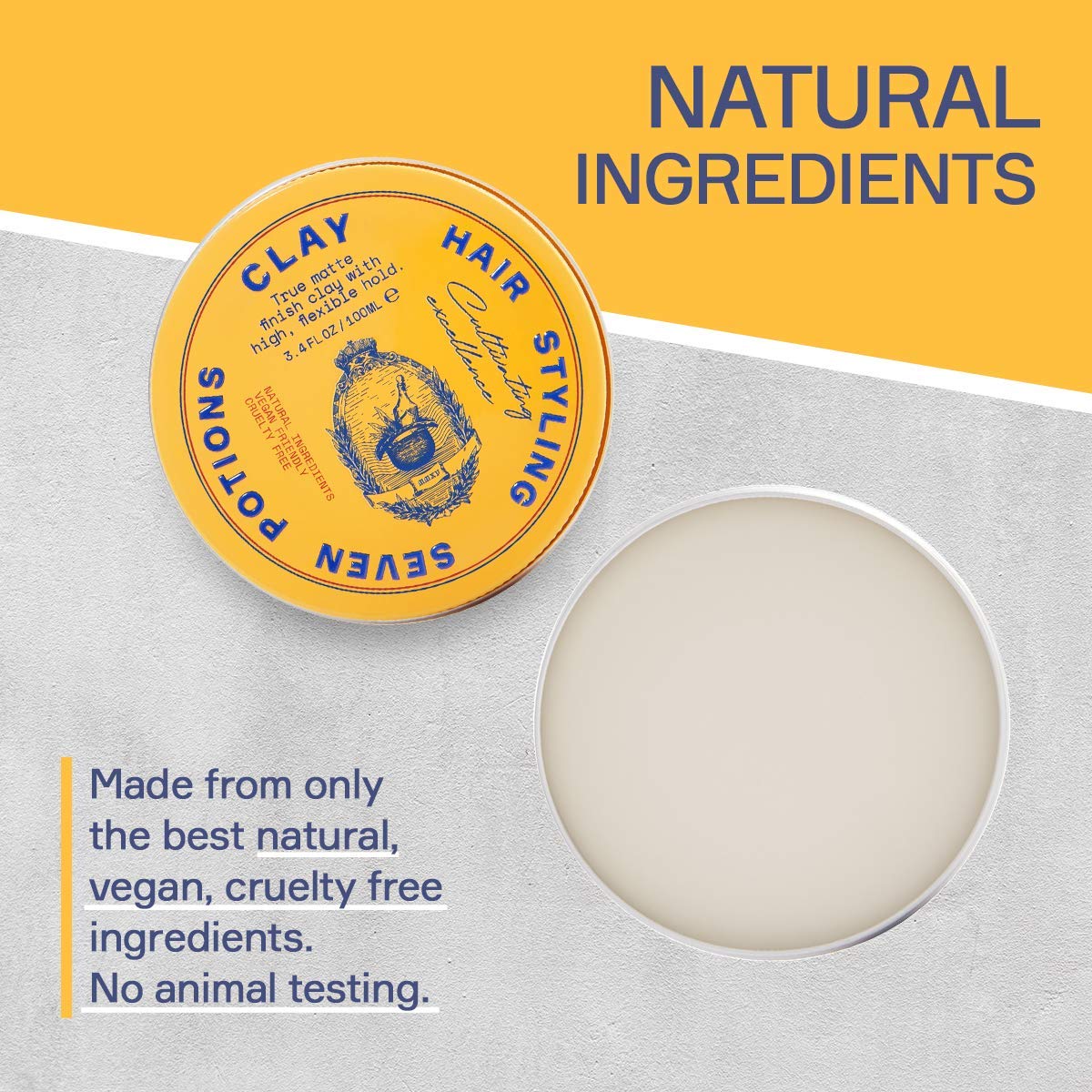 Seven Potions Men's Hair Styling Clay — Natural, Water-Based, Matte Hair Wax, High Hold Hair Styling Product — 100% Vegan, Cruelty Free (100ml)