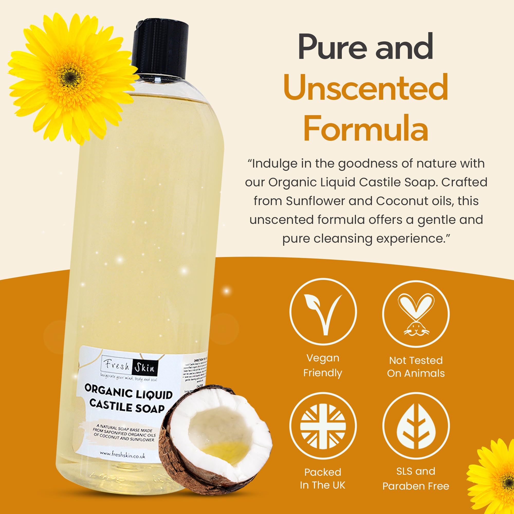 5 Litre Organic Liquid Castile Soap (5000ml) - All-Natural Unscented Liquid Soap - Pure SLS SLES Free