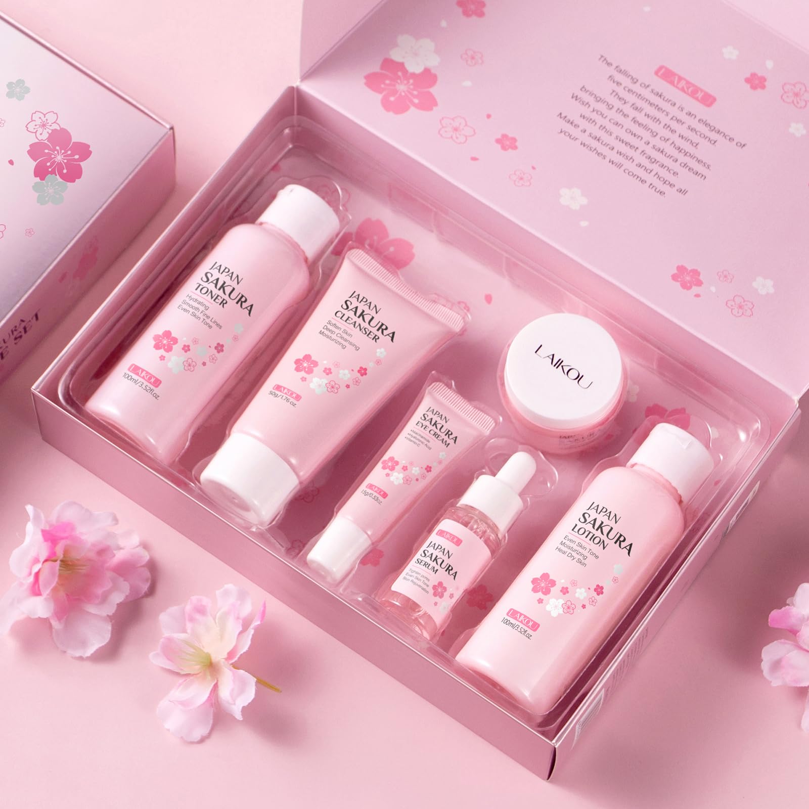 LAIKOU Skincare Set, JAPAN Sakura Skin Care Sets & Kits - Cleanser, Toner, Lotion, Serum, Eye Cream, Face Cream, Travel Gift Sets for Women Teenage Girls Mom Daughter, TSA-friendly Sizes 6pcs
