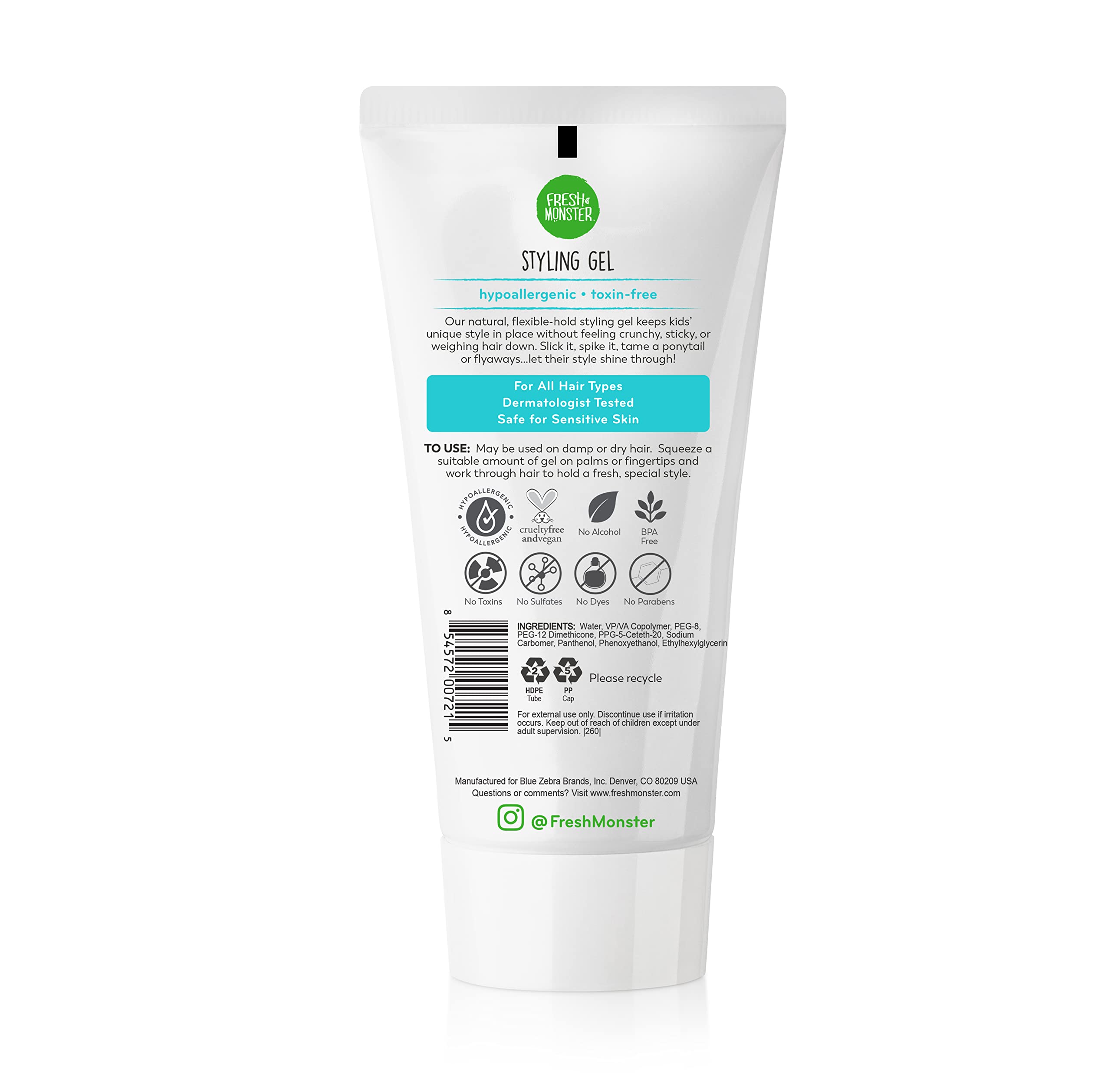 Fresh Monster Natural Hair Gel For Kids & Babies, Alcohol-Free, Toxin-Free, Flexible Medium Hold 6 Ounces