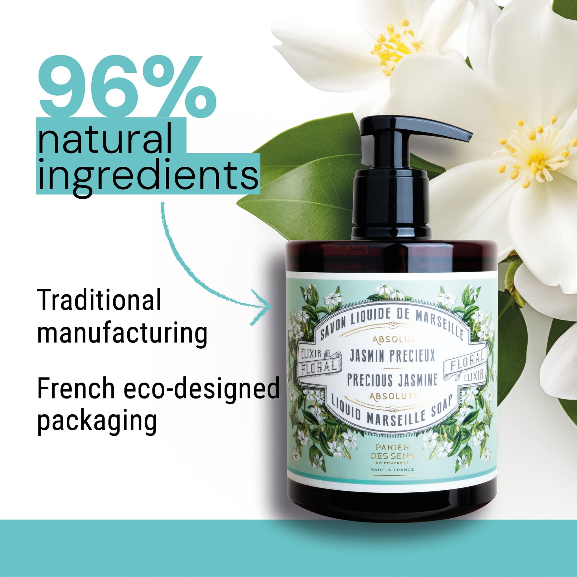 Panier des Sens - Liquid Hand Soap – Jasmine Soothing HandWash – With Olive - Savon de Marseille Made in France - Organic Hand Wash 96% Natural Ingredients - Vegan Soap 500ml