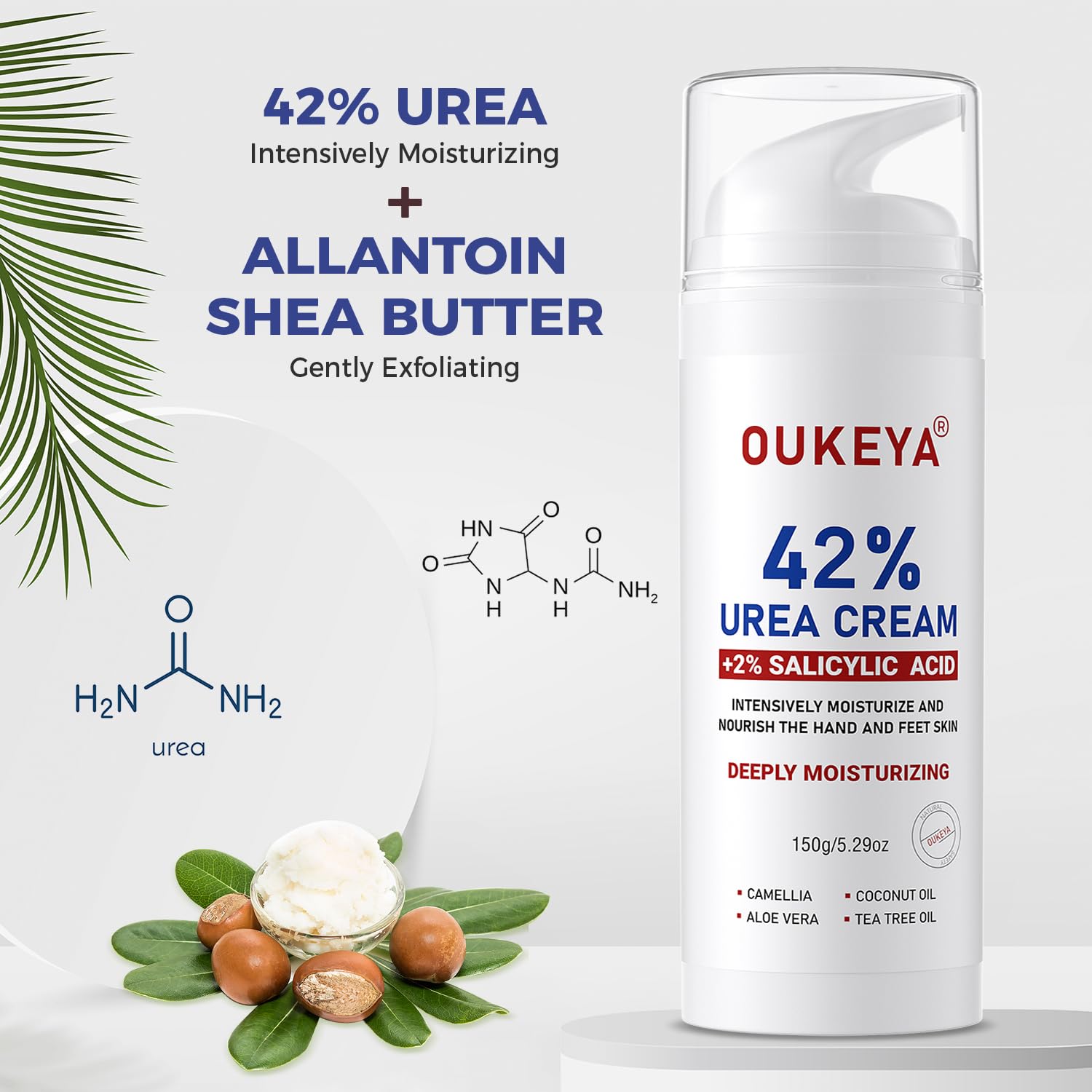OUKEYA Urea Cream 42% plus Salicylic Acid 2% Intensive Repair Treatment for Cracked Skin on Hands, Heels, Elbows, and Lips - Relief for Dry Feet - Enhanced Pump Dispenser Packaging - Gross wt 8.03 OZ