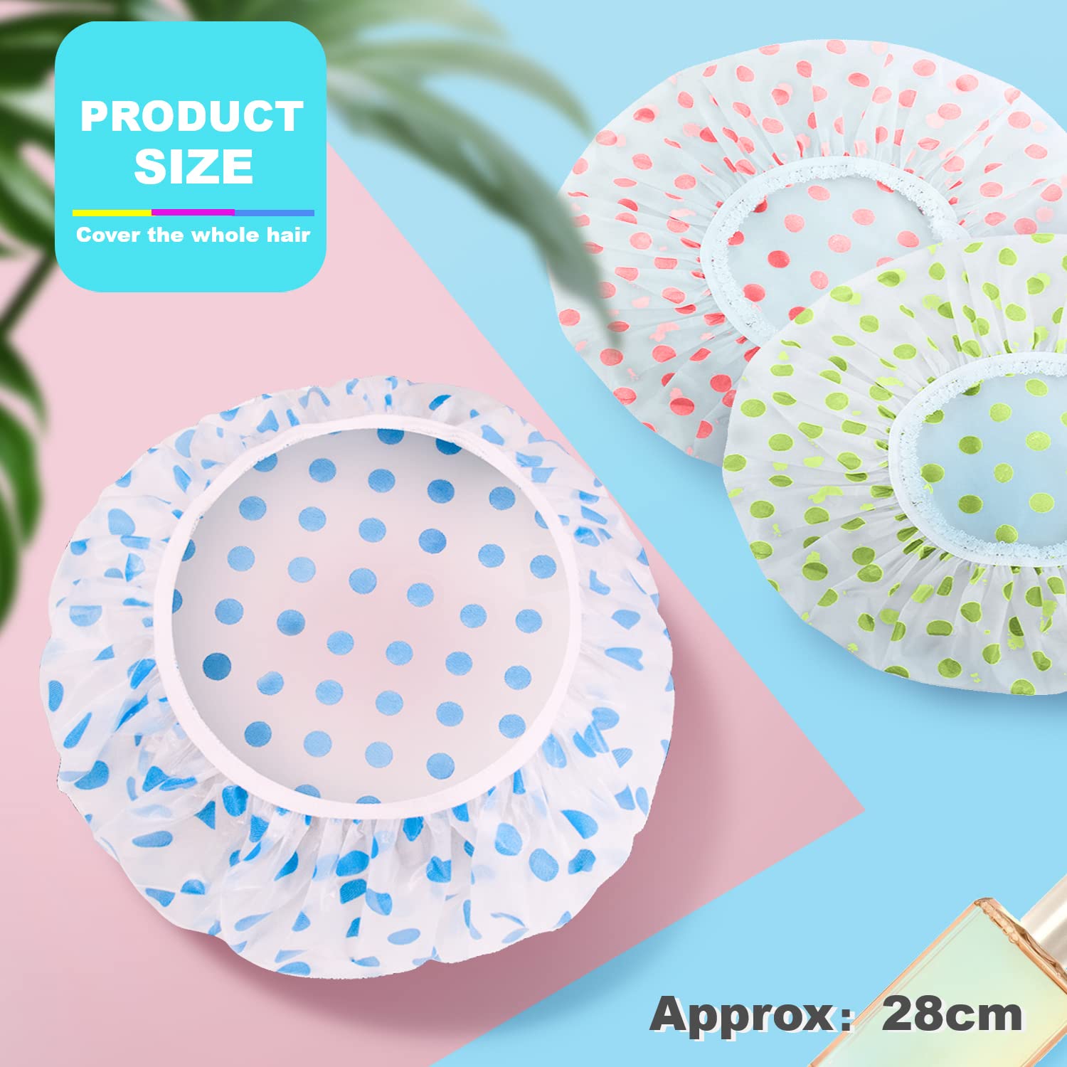 6 Pcs OWill Shower Caps for Women uk,Waterproof and Reusable Bath Cap,28cm Width with Elastic Band, Large Plastic Long Hair Eco Cap.