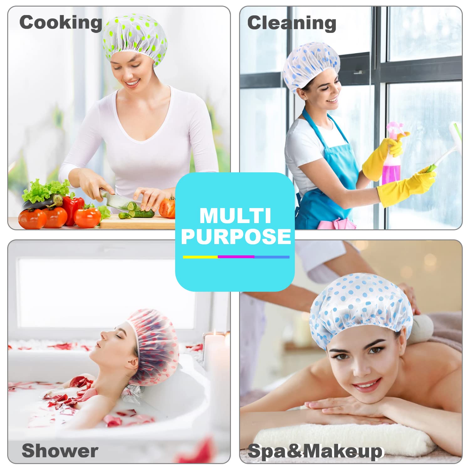 6 Pcs OWill Shower Caps for Women uk,Waterproof and Reusable Bath Cap,28cm Width with Elastic Band, Large Plastic Long Hair Eco Cap.
