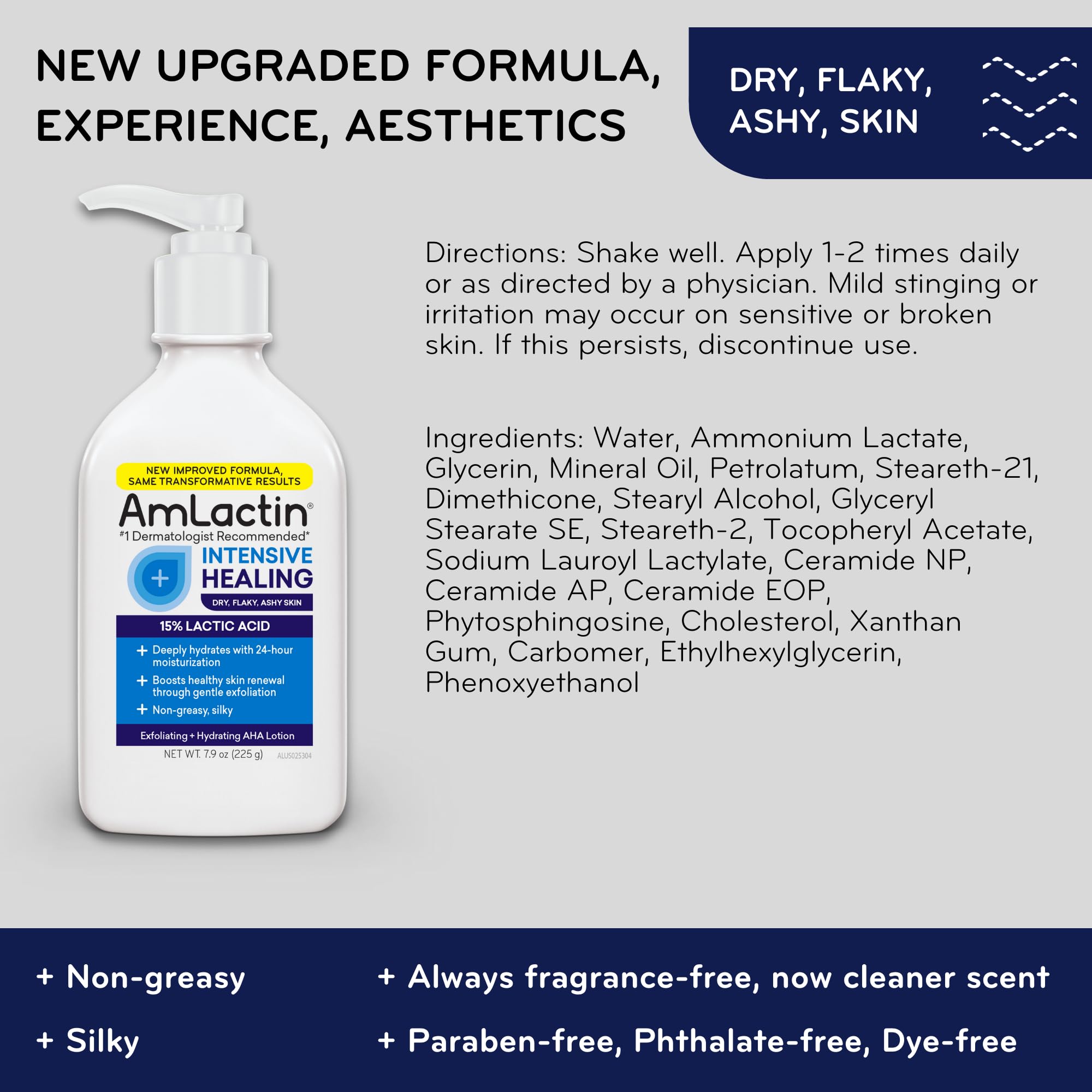 AmLactin Intensive Healing Body Lotion for Dry Skin, 7.9 oz Pump Bottle, 2-in-1 Exfoliator and Moisturizer with Ceramides and 15% Lactic Acid for 24-Hour Relief from Dry Skin (Packaging May Vary)
