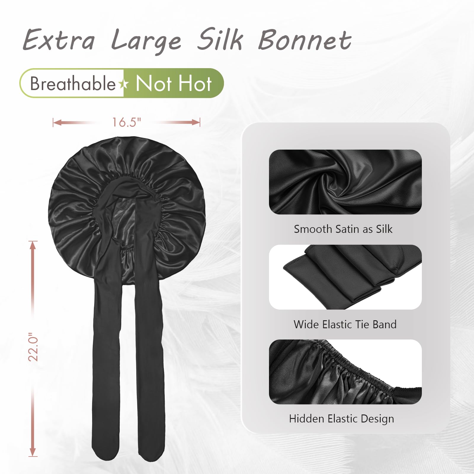 BONNET QUEEN Silk Bonnet for Sleeping - Satin Bonnet designed for Women with Curly Hair, Sleep Cap with Adjustable Tie Band, Black