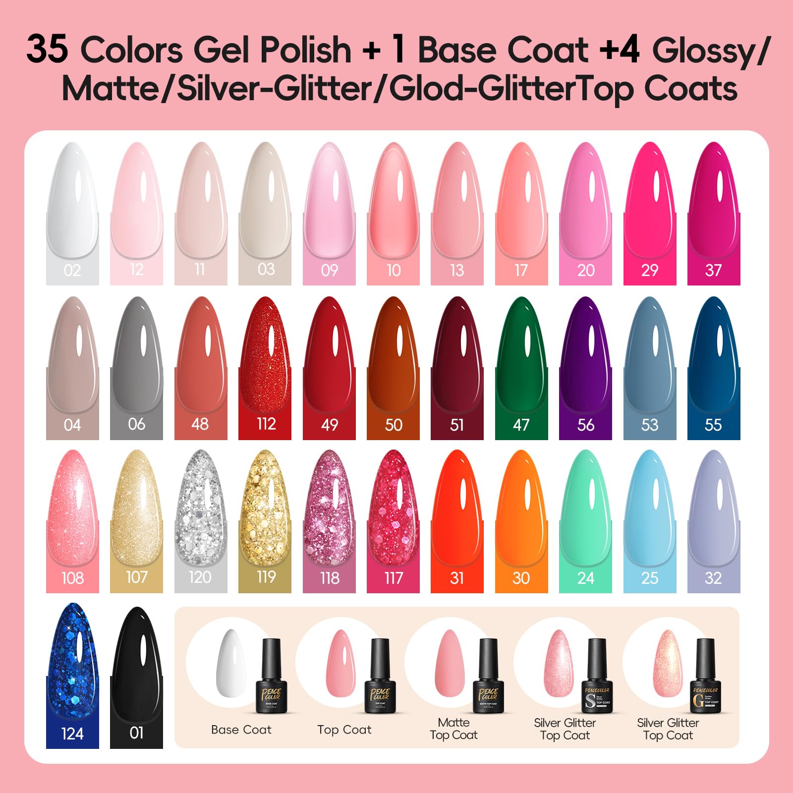 PEACECOLOR Gel Nail Kit with Lamp and Electric Nail File, 53 Pcs Gel Nail Polish Set Starter Kit 35 Colours Red Pink Blue Glossy Matte and Glitter Top Coat Manicure DIY Home Gifts for Women