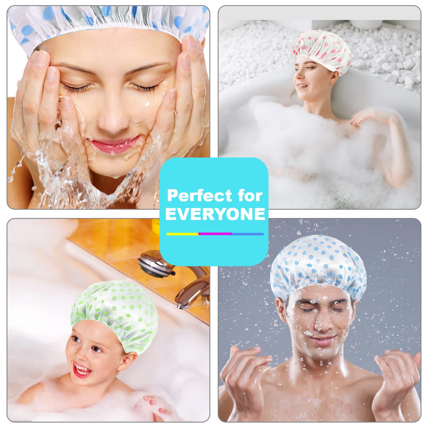 6 Pcs OWill Shower Caps for Women uk,Waterproof and Reusable Bath Cap,28cm Width with Elastic Band, Large Plastic Long Hair Eco Cap.