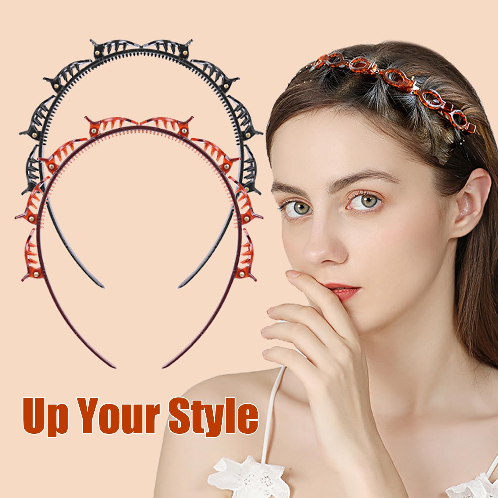 2 Pcs Clip Headbands,Multi-Layer Teeth Comb Hair Hoop Headband With Clips Attached,Non-Slip Double Bangs Hairstyle Hairpin Multi-Layer Hollow Woven Headbands for Women Girls(Black, Brown)