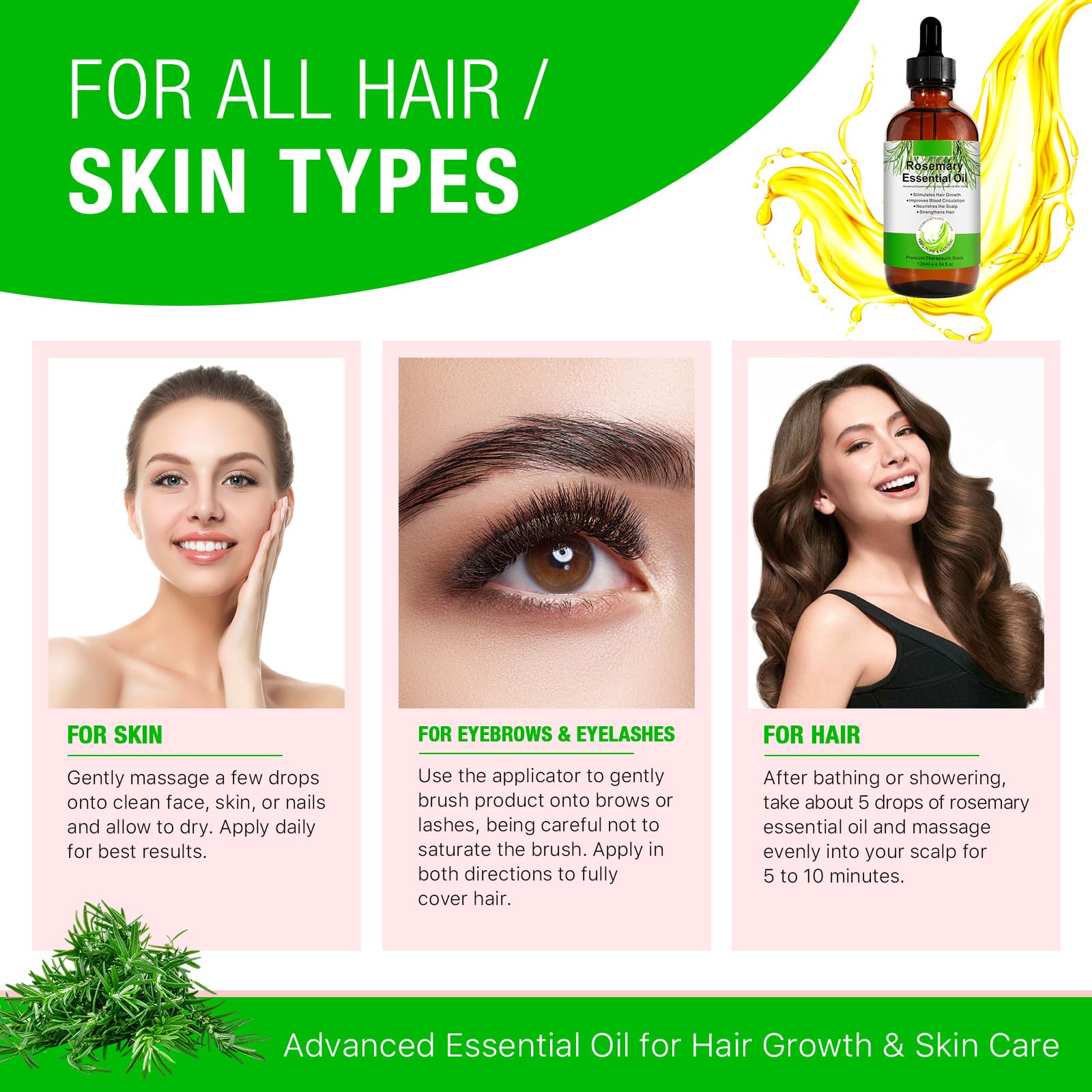 Organic Rosemary Oil for Hair Growth 120ml with Scalp Massager, 100% Pure Rosemary Essential Oil for Eyelashs, Eyebrows, Face, Skin Care, Body Massage, Nourishes The Scalp, Improve Blood Circulation