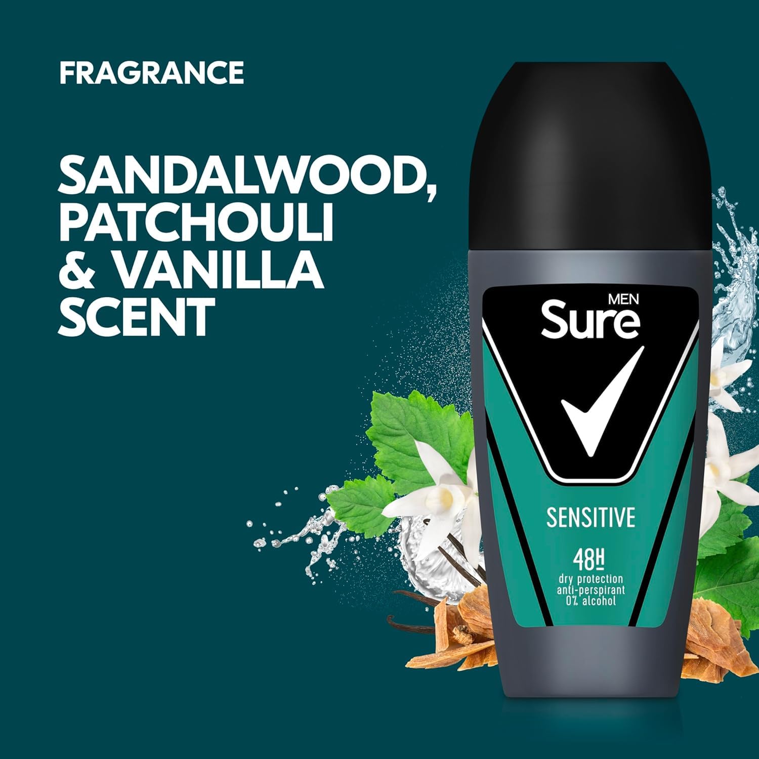 Sure Antiperspirant Roll On Sensitive 48H Sweat and Odour Protection Roll On with Sandalwood, Patchouli and Vanilla Fragrance Deodorant for Men, 50ml Pack of 6
