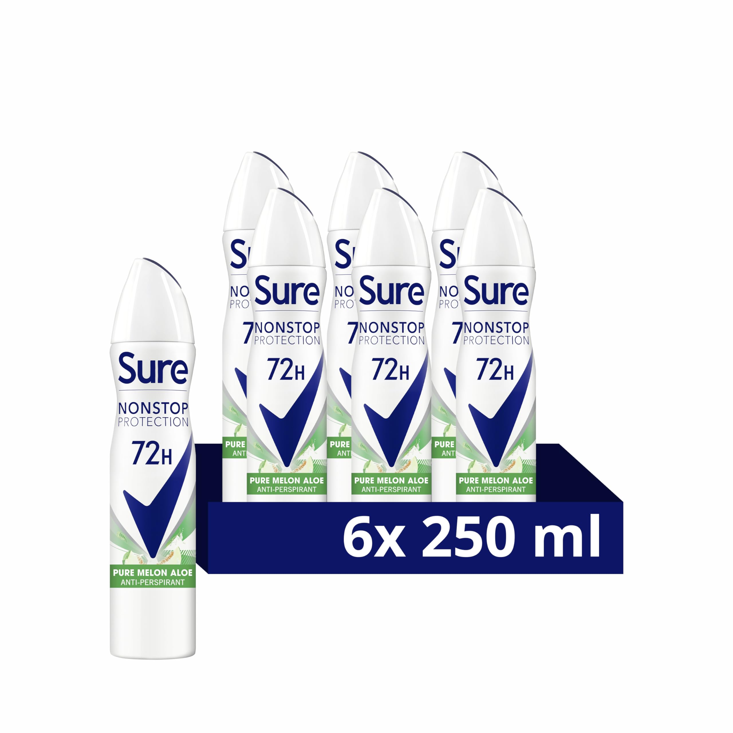 Sure Nonstop Protection Pure Melon Aloe Anti-Perspirant Aerosol Women's Deodorant Spray with Body Heat Activated technology and a melon & aloe scent for 72 hour odour and sweat protection 6x 250 ml