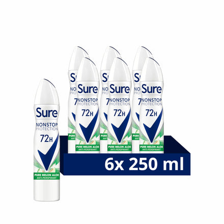 Sure Nonstop Protection Pure Melon Aloe Anti-Perspirant Aerosol Women's Deodorant Spray with Body Heat Activated technology and a melon & aloe scent for 72 hour odour and sweat protection 6x 250 ml