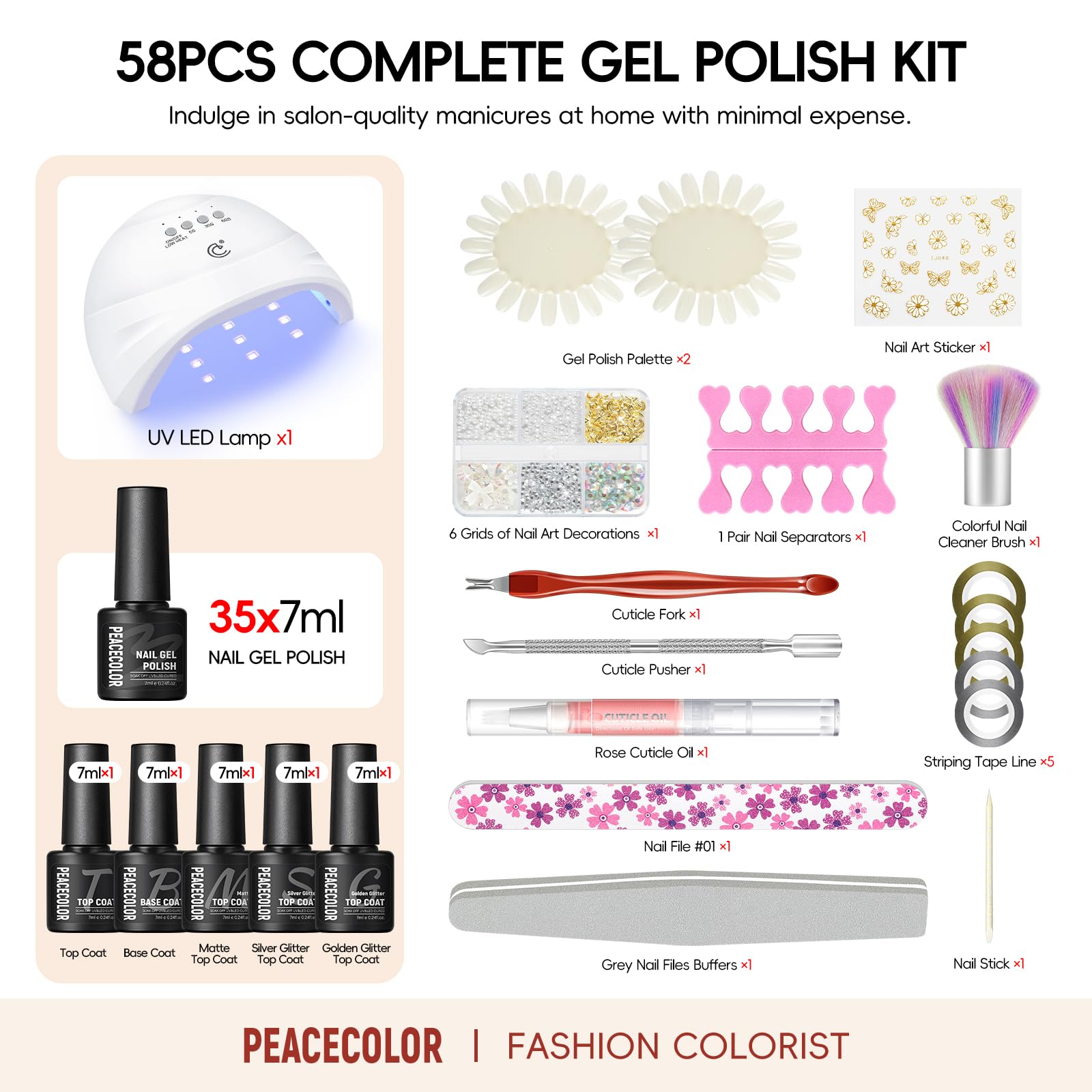 PEACECOLOR 57PCS Gel Nail Polish Set: 35+5 Colours Gel Nail Polish with Lamp, Green Red Nude Nail Kit, Glossy Matte Glitter Top Coat, Salon Full Set for Women Gifts