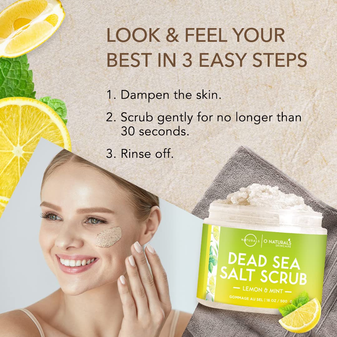 O Naturals Lemon & Mint Dead Sea Salt Scrub. Refreshing All Natural Exfoliator for Face, Hands, Body & Acne. Smooths, Renews & Revives Skin with Argan & Sweet Almond Oil. For Women & Men. 500 gr