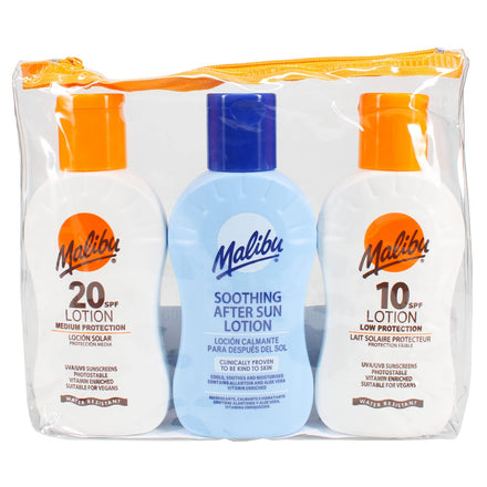 Malibu Sun Protection Travel Size Tanning Pack 1 x SPF 20 1 x SPF 10 Sun Tan Lotion & 1 x After Sun Aloe Vera Lotion Kit