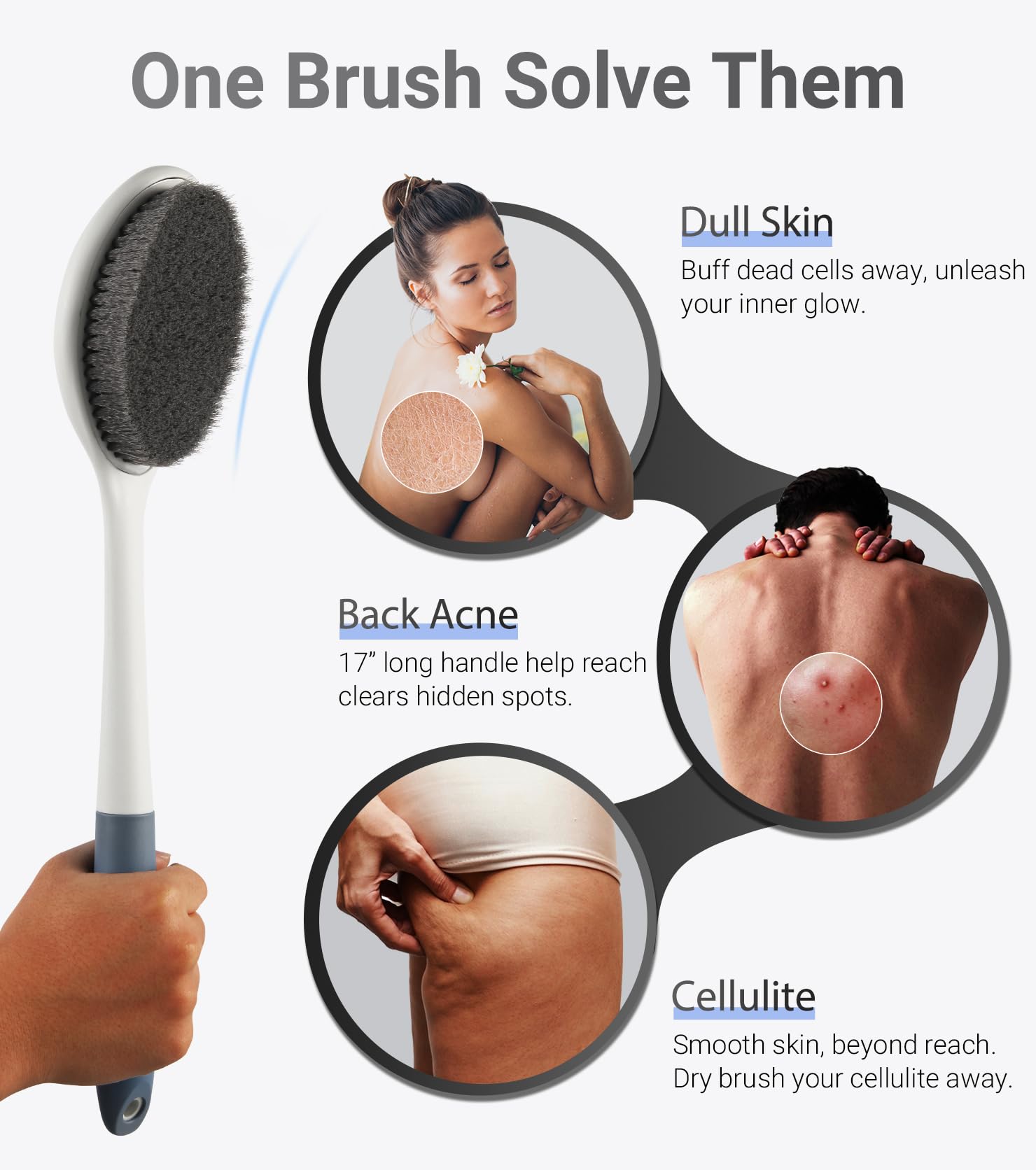 surlees Back Scrubber for Shower for Men & Women 17" | Body Brush for Wet & Dry Brushing | Exfoliating Body Scrubber & Back Brush | Shower Brush with Long Handle for Cellulite & Acne