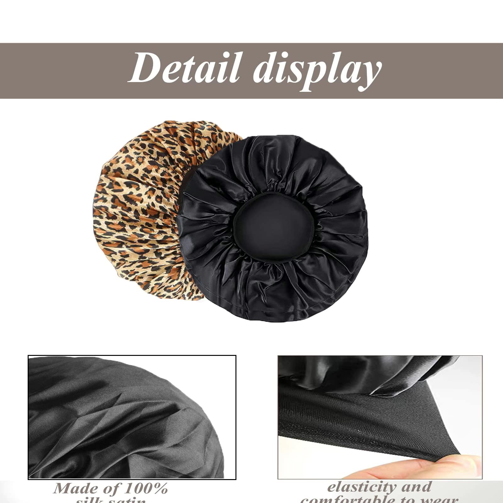 SWEET VIEW Silk Bonnet, Silk Hair Wrap for Sleeping, Soft and Comfortable Silk Sleep Cap, Black, Leopard Print