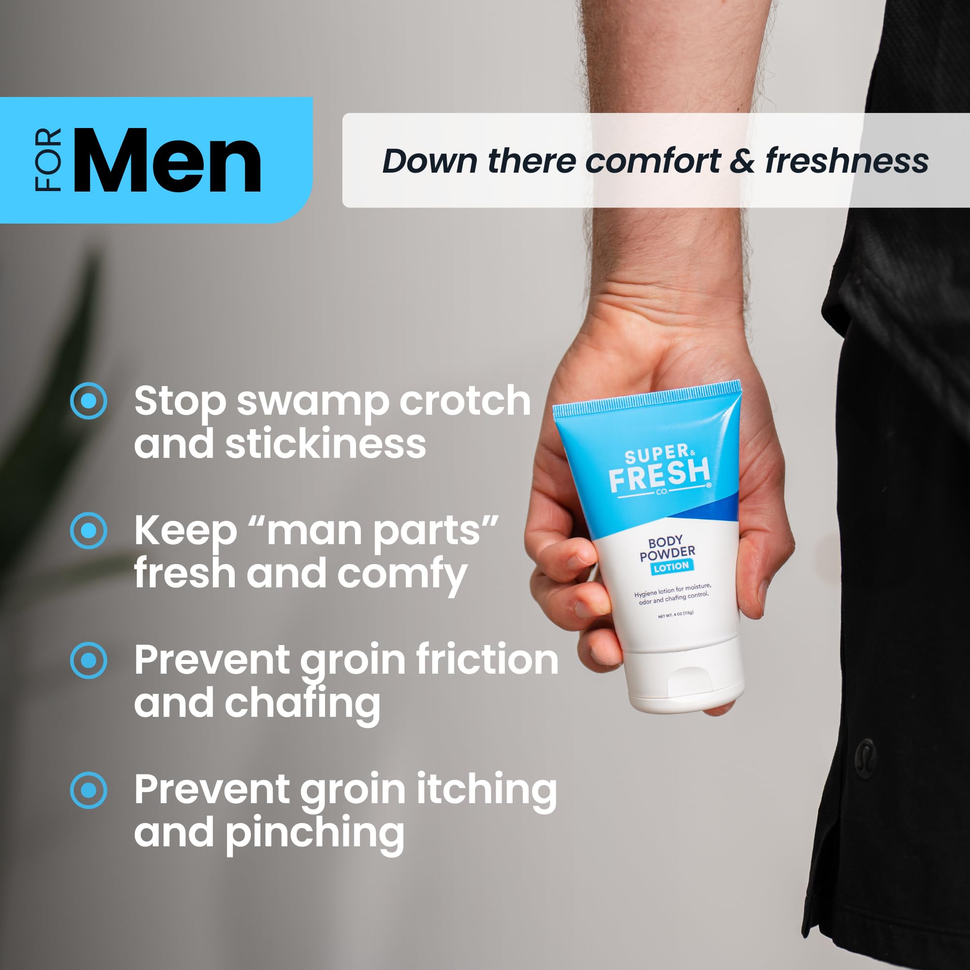 Super Fresh Body Powder Lotion by SweatBlock - Talc Free, Anti-Chafing, Deodorizing, Natural Ingredients - No Mess Body Powder Lotion for Men and Women - 4 fl oz.