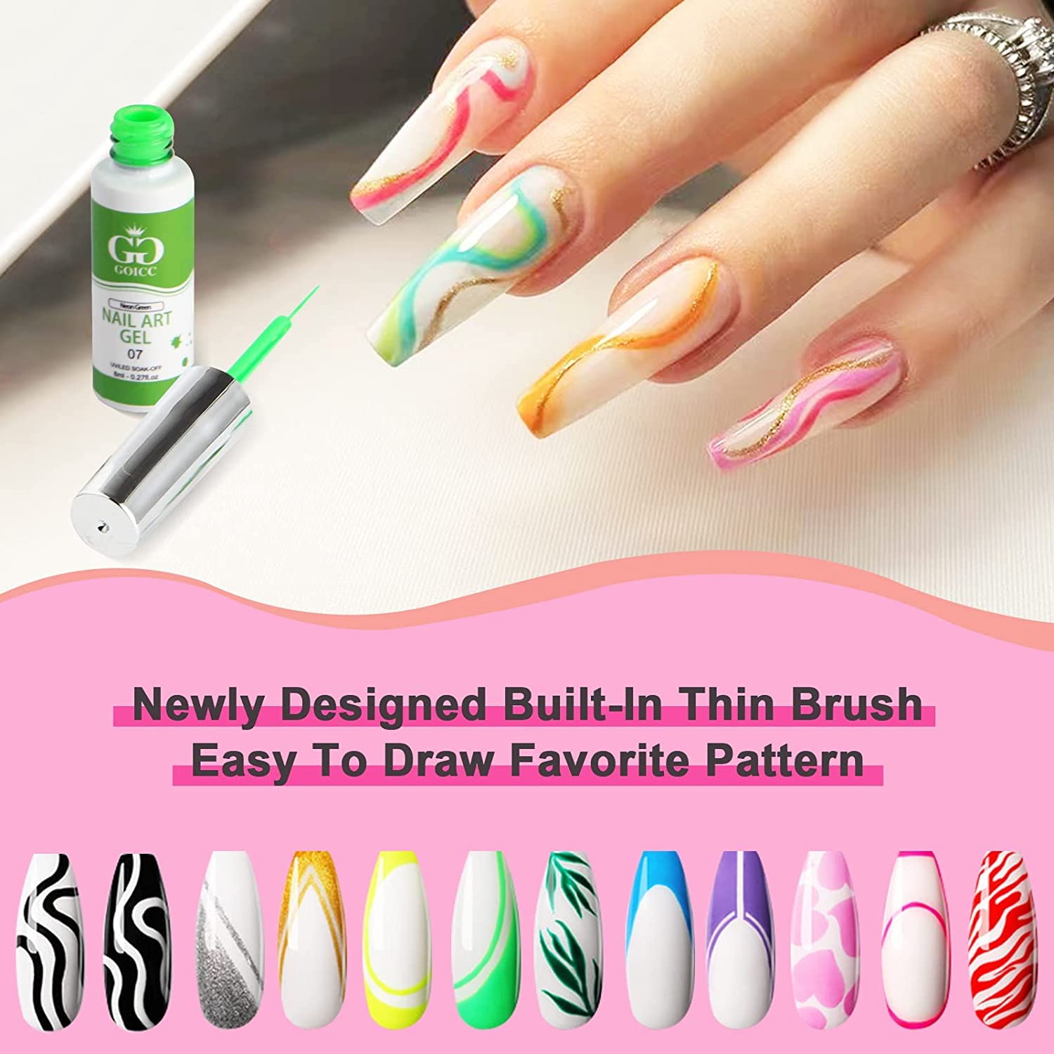 GOICC 12-Colour Gel Liner Nail Art Set For Girls– Painted Gel Polish Kit for DIY Nail Art Design, French Tips & Salon Use, 8ml