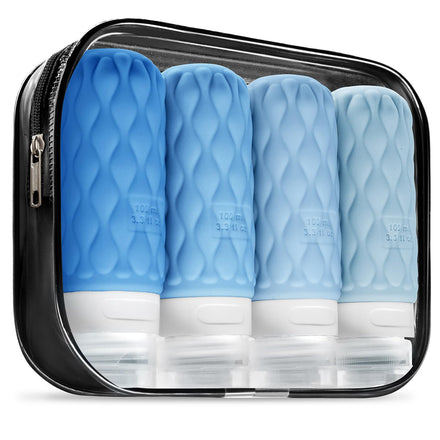 4 Pack Travel Bottles for Toiletries with Labels, 100 ml Silicone Travel Bottles Set with Clear Zipper Toiletry Bag, Leakproof Refillable Squeeze Travel Size Containers for Shampoo Conditioner