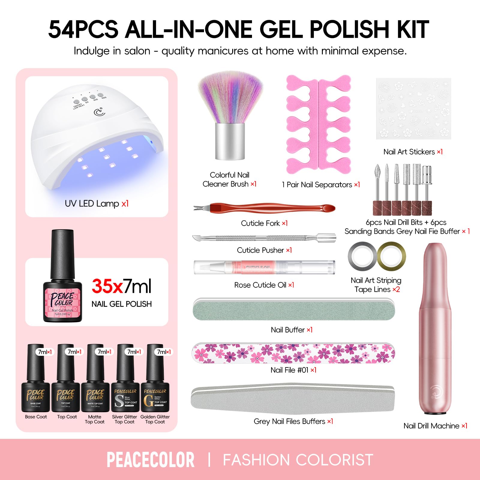 PEACECOLOR Gel Nail Kit with Lamp and Electric Nail File, 53 Pcs Gel Nail Polish Set Starter Kit 35 Colours Red Pink Blue Glossy Matte and Glitter Top Coat Manicure DIY Home Gifts for Women