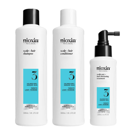 Nioxin Scalp + Hair Thickening System 3 Loyalty Kit - Hair Thickening System for Coloured, Dry and Damaged Hair with Light Thinning - Shampoo, Conditioner and Scalp Treatment, 300+300+100ml